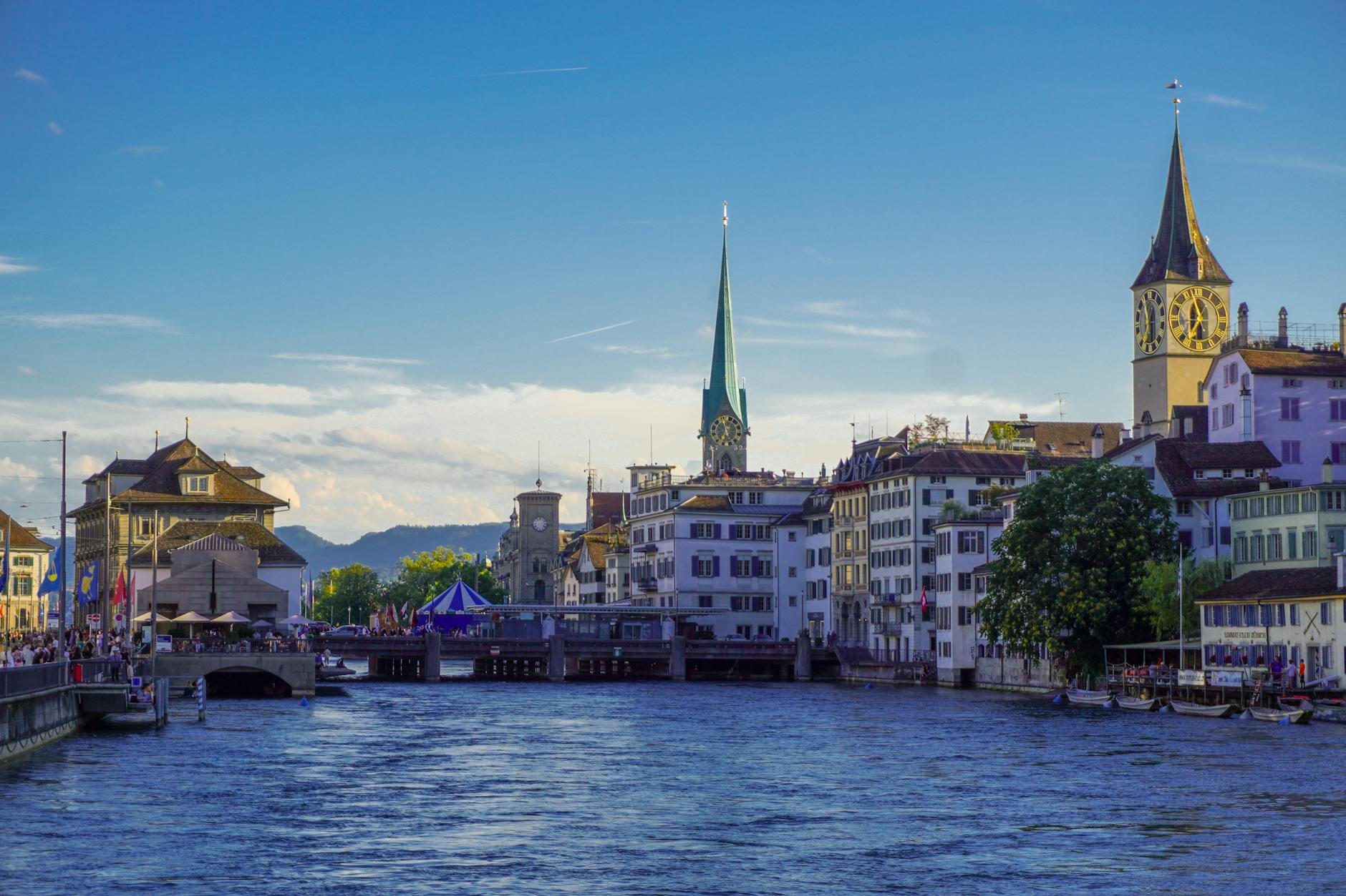 old town with tower of saint peter church in zurich